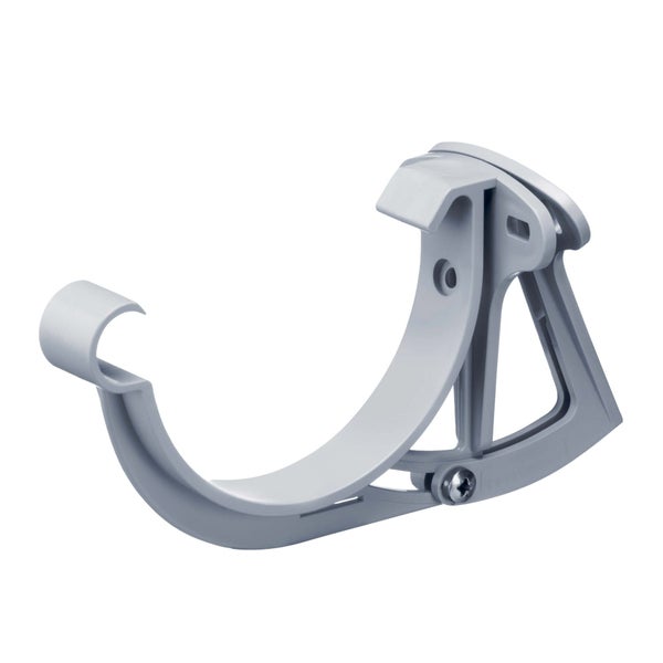 Grauer, verstellbarer Rinnenhalter aus Kunststoff für Dachrinnen.