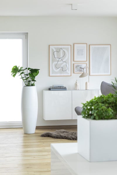 Modernes Wohnzimmer mit weißem Sideboard, Wandbildern, hoher Bodenvase mit Monstera-Pflanze und hellem Holzboden.