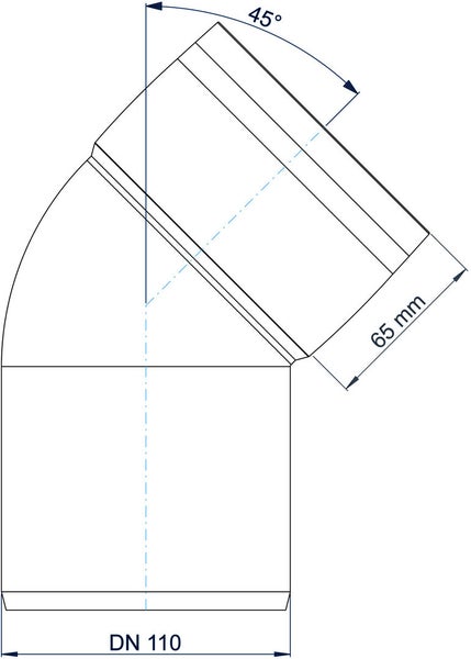 Technische Zeichnung eines Abwasserrohrbogens mit 45 Grad Winkel, Nennweite 110 und einer Länge von 65 Millimeter.