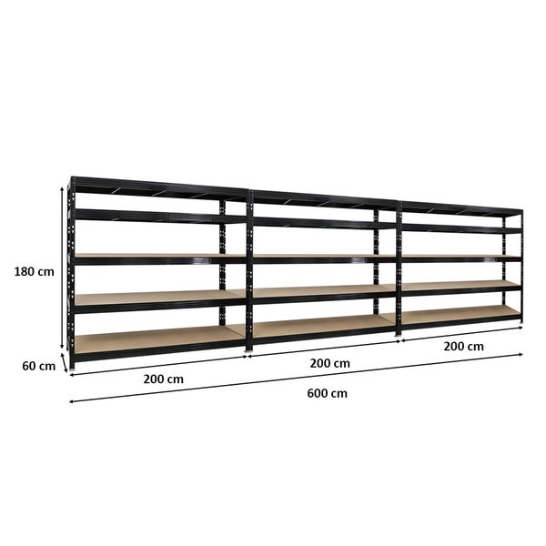 PROREGAL Mega Deal 3x Profi Schwerlastregal Rhino HxBxT 180 x 200 x 60 cm 5 Spanplatten-Ebenen 8mm Fachlast 500 kg Schwarz