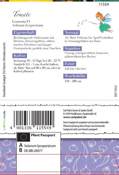 Rückseite der Samentüte für Tomate Lemonia F1 mit Informationen zu Aussaat, Standort, Ernte, Wuchshöhe sowie Pflanzenpass und Strichcode.