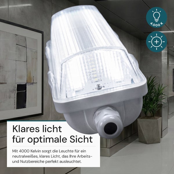 LED Feuchtraumleuchte mit 4000 Kelvin für neutralweißes Licht, inklusive Piktogrammen für Farbtemperatur und Helligkeit.