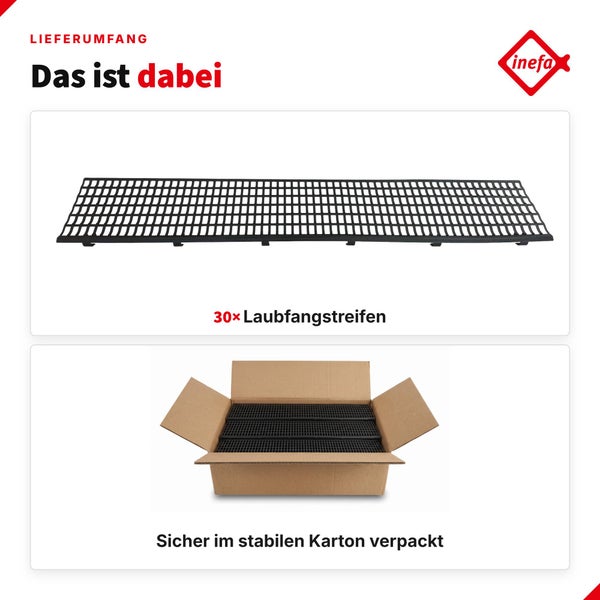 Lieferumfang von dreißig Inefa Laubfangstreifen in einem stabilen Karton.