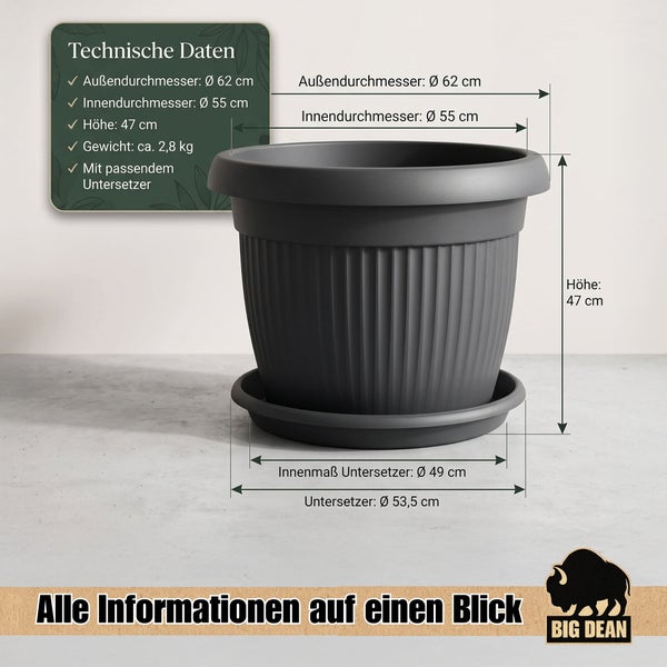 Großer runder Pflanztopf mit Untersetzer und gerippter Struktur, Außendurchmesser 62 Zentimeter, Höhe 47 Zentimeter, von Big Dean Logo.