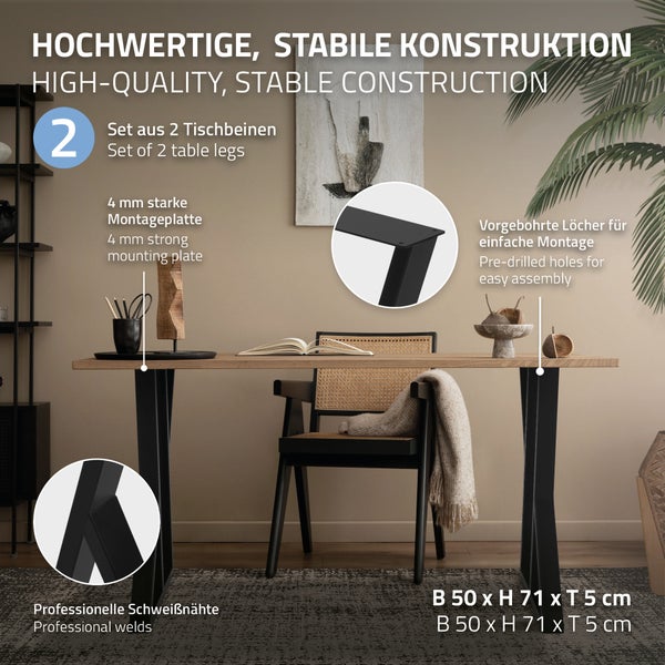 ML-Design 2 Stück Tischbeine 50xH71cm, Tischkufen X-Form, aus Stahl pulverbeschichtet, Schwarz, Industriedesign, Kufengestell für Esstisch/Schreibtisch, Tischgestell, Metall Möbelfüße für DIY-Projekte