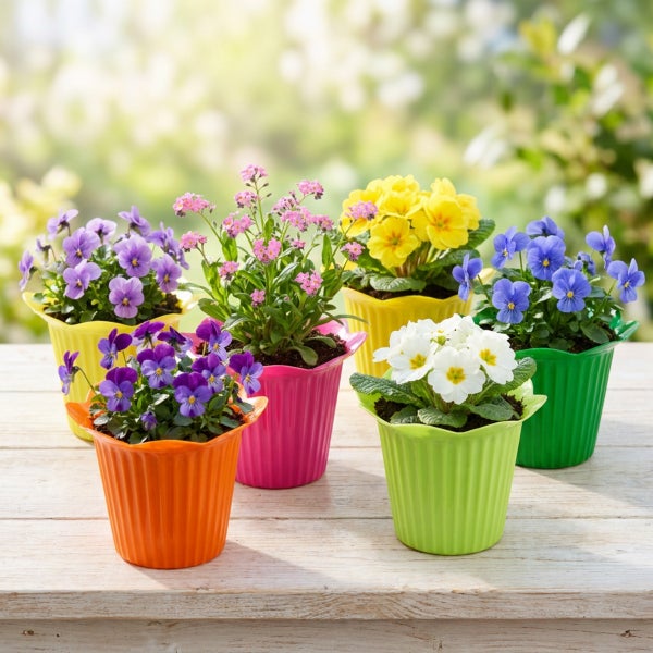 Set mit bunten Frühlingsblumen in gerippten Kunststofftöpfen auf einem Holztisch stehend