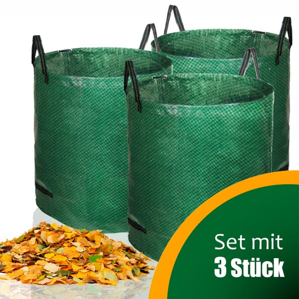 Set mit drei Gartensäcken und einer Anhäufung von Laub