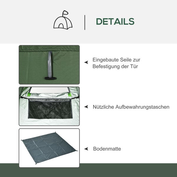 Produktdetails eines Zeltes mit Befestigungsschlaufen für die Tür, Aufbewahrungstaschen aus Netzgewebe und einer Bodenmatte.