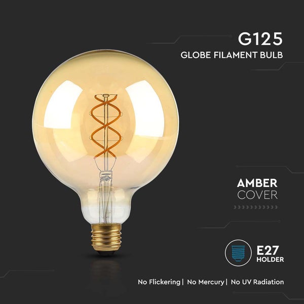 G125 Globe Filament LED-Leuchtmittel mit E27-Fassung, bernsteinfarbenem Glas und spiralförmigem Glühfaden.