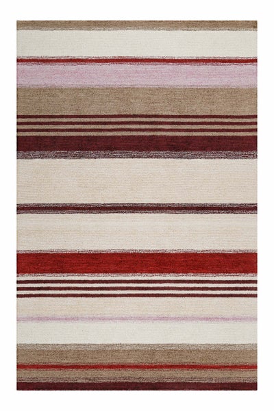 Gestreifter Teppich mit horizontalen Linien in Rot, Braun und Beige.