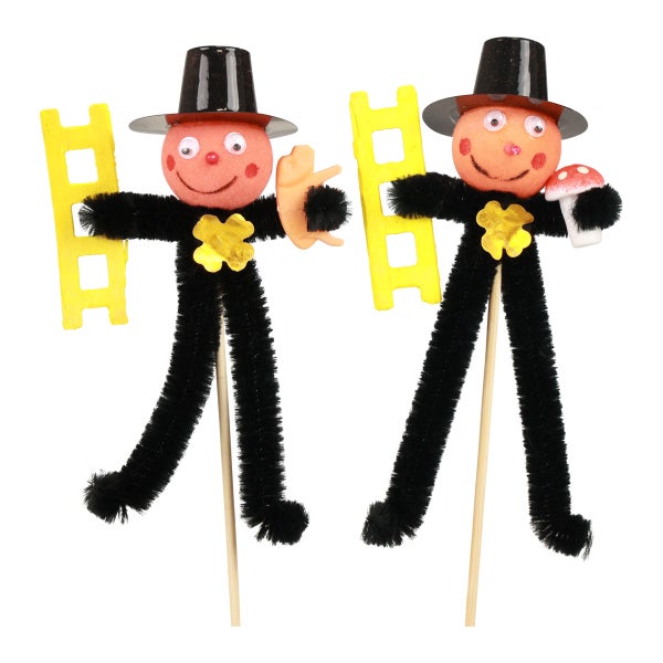Zwei Schornsteinfeger Figuren mit Leiter und Glückssymbolen