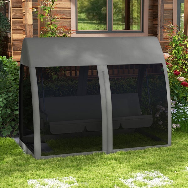 Outsunny 2 in 1 Hollywoodschaukel mit Liegefunktion 3-Sitzer Gartenschaukel mit Baldachin, Mückennetz, Schaukelbank belast bis 300kg, Gartenliege für Garten, Terrasse, 240 x 140 x 197 cm, Grau
