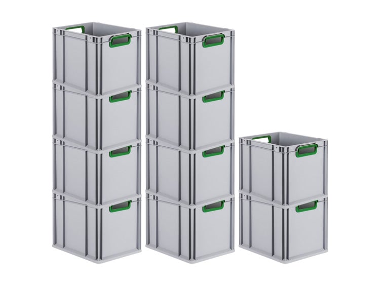 PROREGAL Spar Set 10x Eurobox Nextgen Color HxBxT 32 x 30 x 40 cm 30 Liter Griffe Grün Offen Glatter Boden Eurobehälter Transportbox