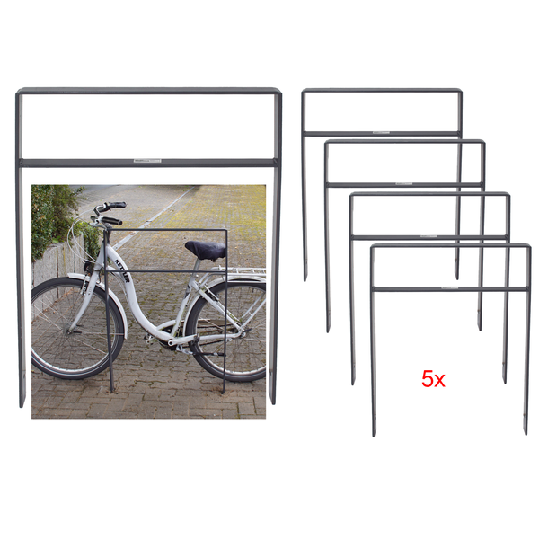 Fünf graue Fahrradständer zum Einbetonieren, einer mit Fahrrad