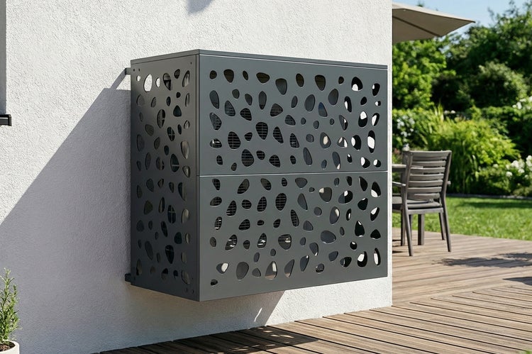 Grauer Sichtschutz für Klimaanlage mit Lochmuster an Hauswand