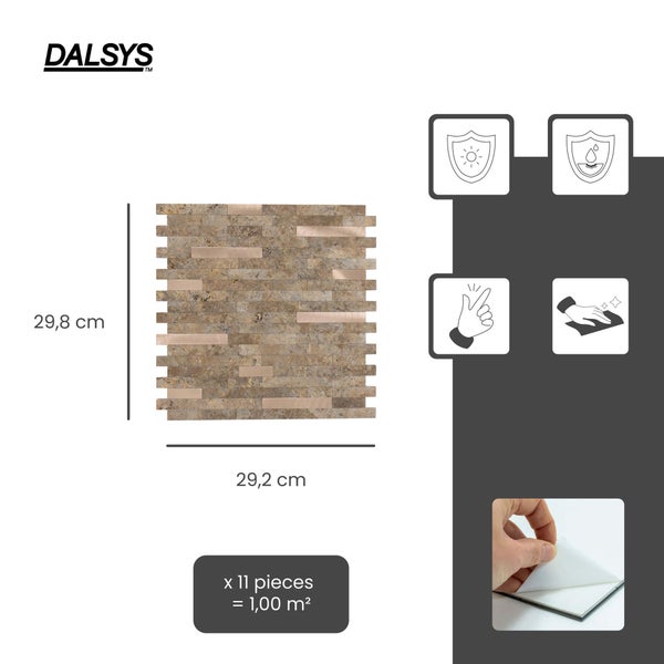 Dalsys Logo, selbstklebende Mosaikfliese 29,8 mal 29,2 Zentimeter, 11 Stück ergeben 1 Quadratmeter, UV-beständig, wasserfest, einfache Montage und Reinigung.