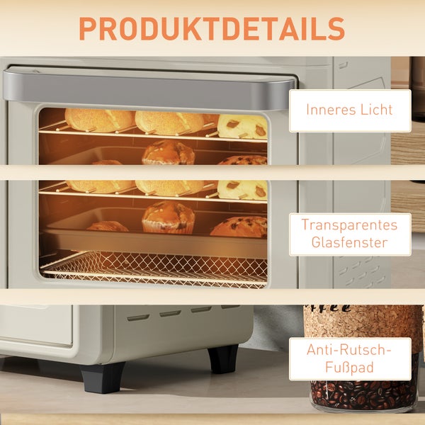 Produktdetails eines Mini-Backofens mit Innenbeleuchtung, transparentem Glasfenster und rutschfesten Standfüßen.