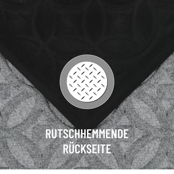 Nahaufnahme einer Matte mit rutschhemmender Rückseite und einem Symbol für Rutschfestigkeit.