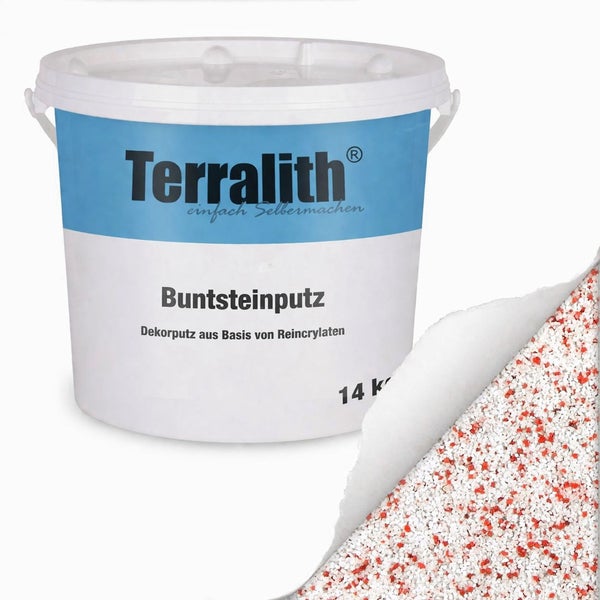 Terralith Buntsteinputz im 14 Kilogramm Eimer mit einer Detailansicht der rot-weißen Körnung. Dekorputz auf Basis von Reinacrylaten.