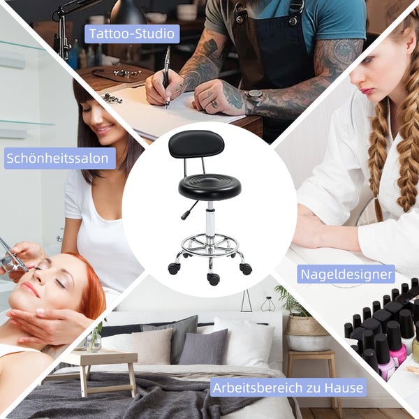 Rollhocker mit Rückenlehne und den Massen 70 bis 86 cm Höhe, 32,5 cm Sitzflächendurchmesser und einer maximalen Belastbarkeit von 120 kg.