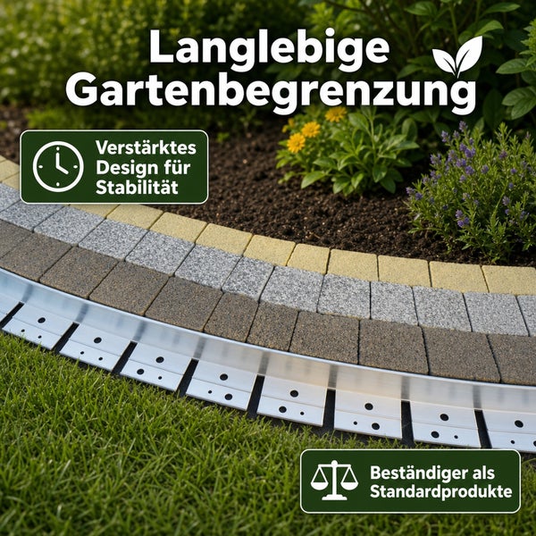 Langlebige Gartenbegrenzung aus Metall für Pflastersteine mit verstärktem Design für hohe Stabilität.