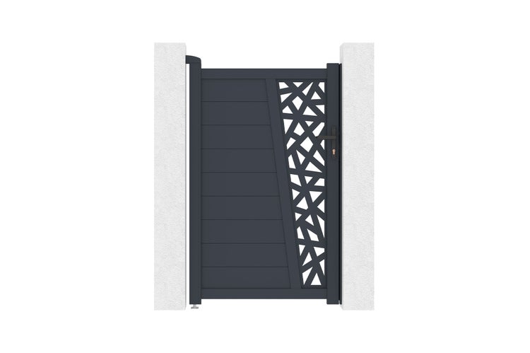 Anthrazitfarbenes Gartentor aus Aluminium mit dekorativem Muster und Drückergarnitur.