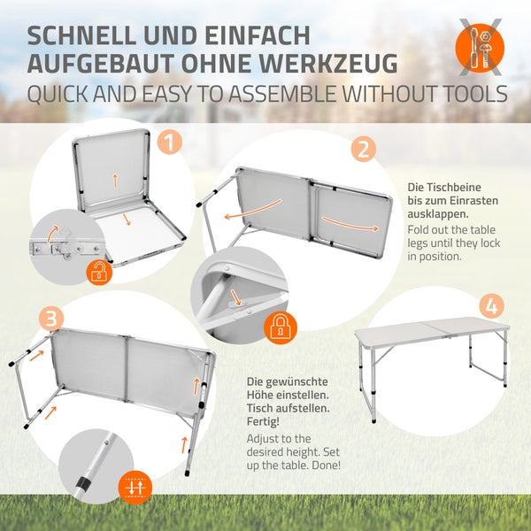ECD Germany Campingtisch Klapptisch mit Tragegriff 120x60x55/63/70 cm Weiß Creme aus Aluminium und MDF - höhenverstellbar, klappbar - Falttisch Gartentisch Balkontisch Reisetisch Arbeitstisch Tisch