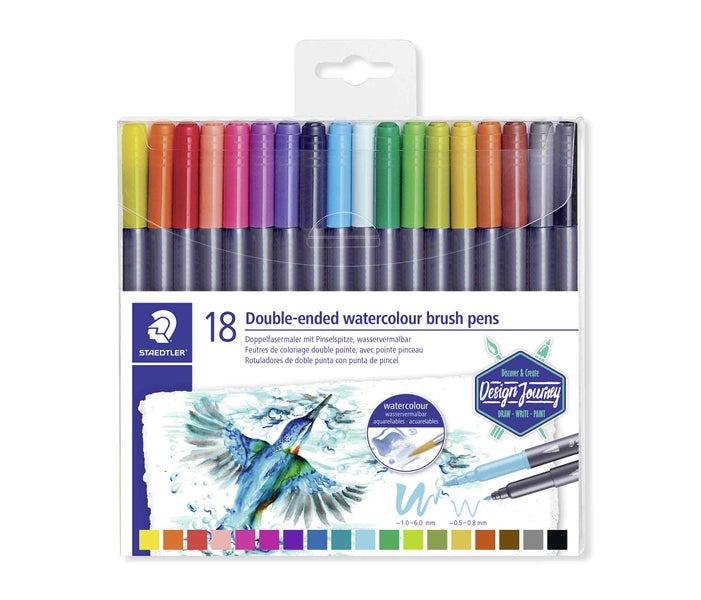 Staedtler Doppelfasermaler Design Journey, 18 Stück, wasservermalbare Pinselstifte mit Doppelspitze, Strichstärken 0,5 bis 0,8 mm und 1 bis 6 mm.
