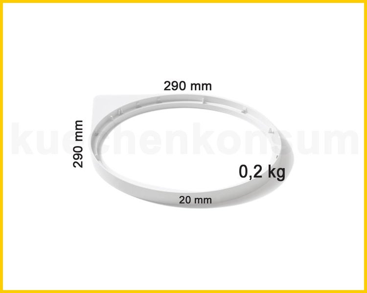 Weißer Kunststoffring mit den Maßen 290 Millimeter mal 290 Millimeter, einer Höhe von 20 Millimeter und einem Gewicht von 0,2 Kilogramm.