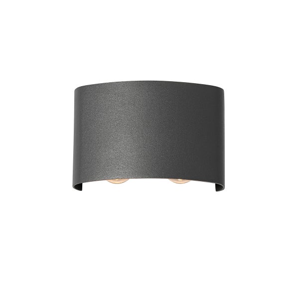 Moderne Wandleuchte in Anthrazit mit gebogener Metallblende und zwei Lichtauslässen an der Unterseite.