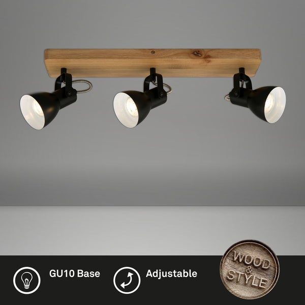 Deckenspot Retro dreh- & schwenkbar 3x GU10 35 W Holz-Metall schwarz Briloner