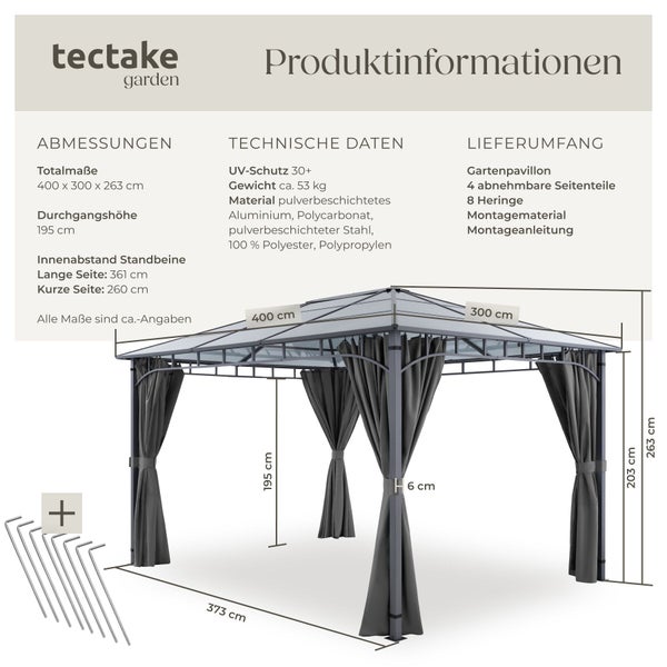Tectake Garden Pavillon mit Abmessungen und technischen Daten in einer Übersichtsgrafik dargestellt.