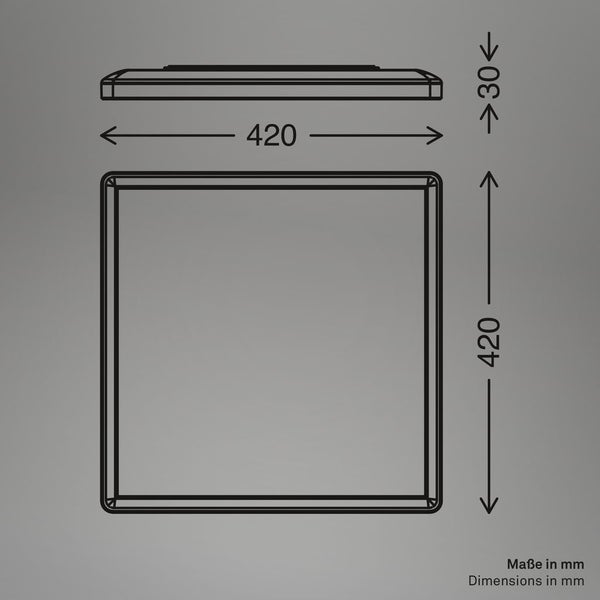 Technische Zeichnung eines quadratischen Produkts mit den Maßen 420 x 420 x 30 Millimeter