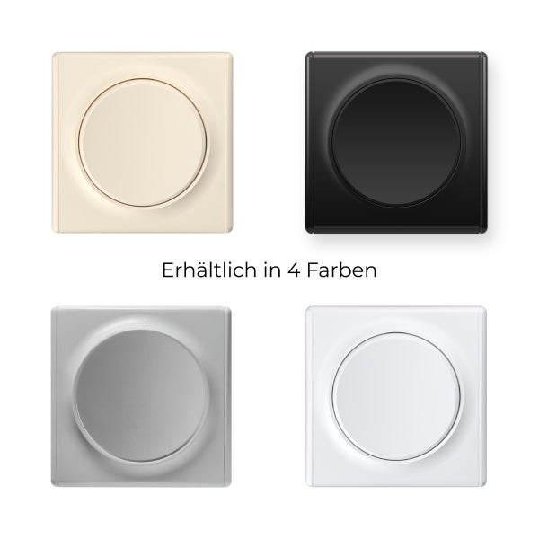 Vier Lichtschalter mit rundem Einsatz in verschiedenen Ausführungen, erhältlich in vier Farben.