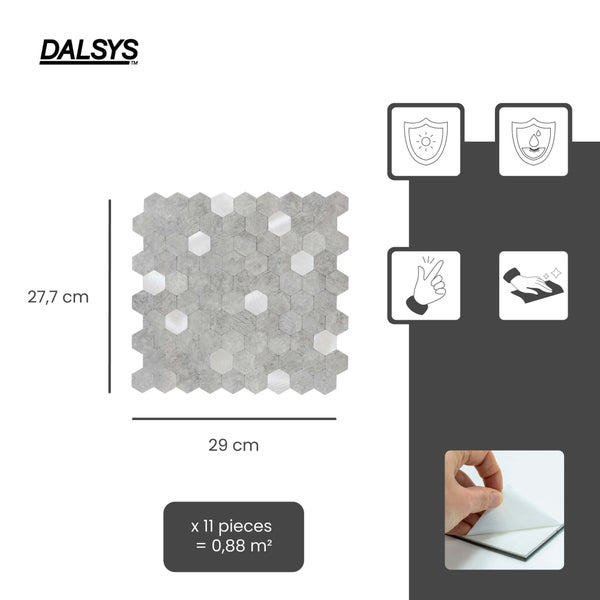 DALSYS Logo, Wandpaneel Sechseck-Mosaik, 27,7 mal 29 Zentimeter, 11 Stück für 0,88 Quadratmeter, selbstklebend, UV-beständig und wasserfest.