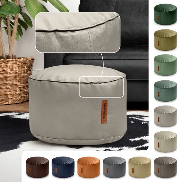 Dekorativer Sitzpouf aus Leder mit Green Bean Logo und Detailansicht