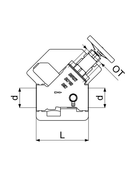 Technische Zeichnung eines Schrägsitzventils mit Maßangaben für Länge Durchmesser und Oberteilhöhe sowie Zertifizierungen