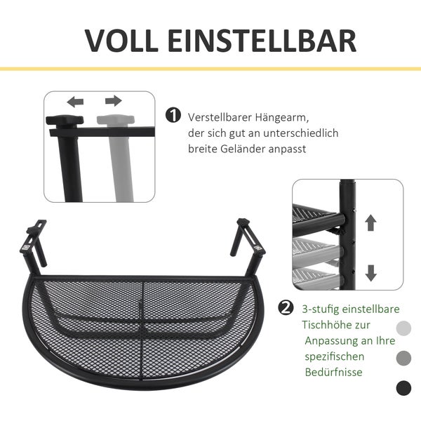 Outsunny Balkonhängetisch Hängetisch Gartentisch höhenverstellbar halbrund Ø30 cm Terrasse Metall Weiß L60 x B45 x H50 cm