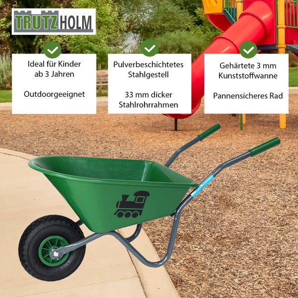 TrutzHolm Logo, Schubkarre für Kinder mit pulverbeschichtetem Stahlgestell und pannensicherem Rad