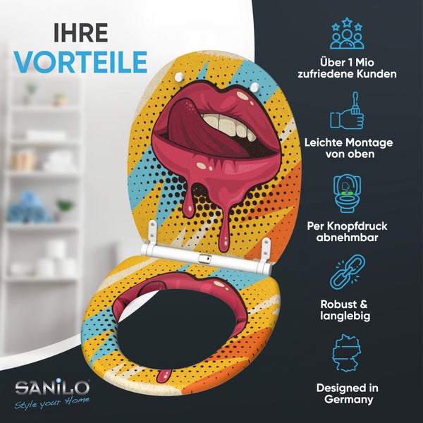 Toilettensitz mit buntem Pop Art Mund Design, langlebig, mit Absenkautomatik und Schnellbefestigung fuer einfache Montage von oben.
