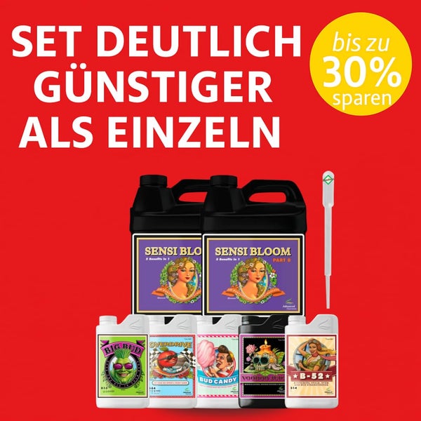 Advanced Nutrients Pflanzendünger Set mit Sensi Bloom, Big Bud, Overdrive, Bud Candy, Voodoo Juice, B-52 und Pipette. Bis zu 30 Prozent sparen.