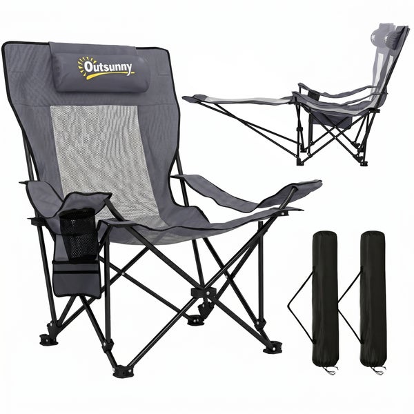 Klappbarer Outsunny Campingstuhl mit Fußstütze und Getränkehalter, inklusive Tragetasche für einfachen Transport und platzsparende Lagerung.