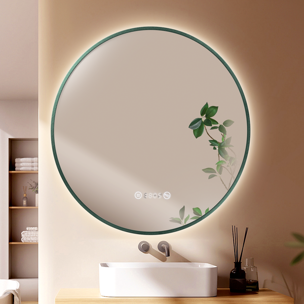 EMKE Badspiegel mit Beleuchtung, runder LED-Spiegel mit Touchschalter und Uhr, Badspiegel mit grünen Rahmen, ф80cm, Neutralweiß