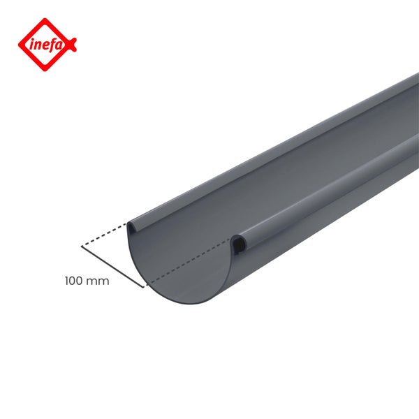 Inefa Logo, halbrunde Dachrinne aus Kunststoff in Anthrazit mit einer Breite von 100 Millimeter.