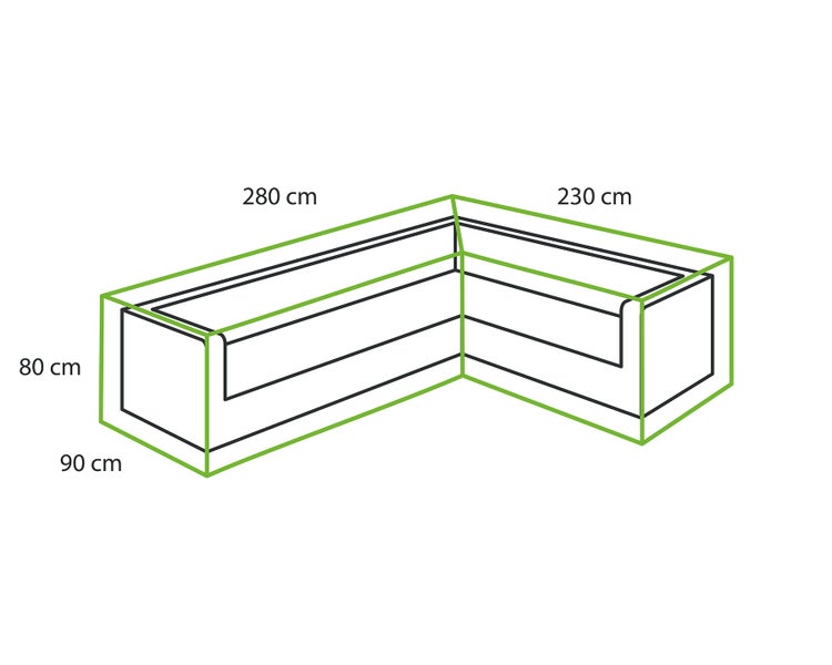 Zeichnung eines Ecksofas mit den Maßen 280 cm x 230 cm und einer Höhe von 80 cm sowie einer Sitztiefe von 90 cm