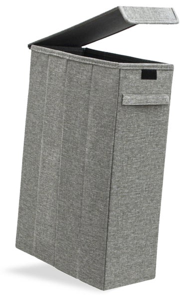 Schmaler Wäschekorb aus grauem Stoff mit Deckel und seitlichem Griff.