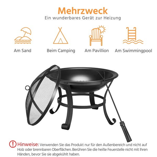 Feuerschale mit Funkenschutzgitter und Schürhaken