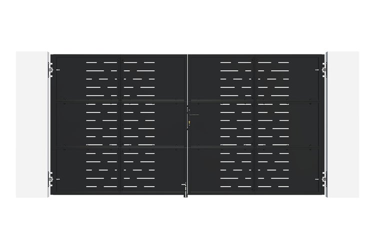 Doppelflügeliges Metalltor für die Einfahrt mit modernem Design und horizontalen Zierschlitzen inklusive Torpfosten.