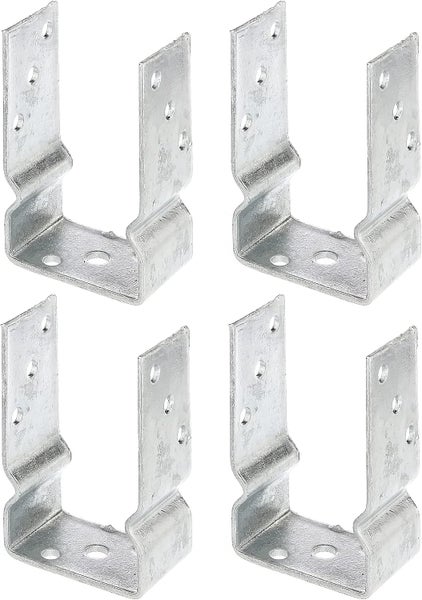 Set aus vier U-Pfostenträgern aus verzinktem Stahl für die stabile Befestigung von Holzbalken.