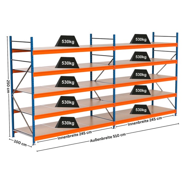 Regal mit Abmessungen und Gewichtskapazität von 530 Kilogramm pro Regalboden